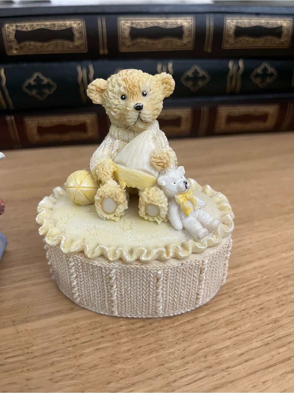 Hand-crafted Ceramic Teddy Bear Trinket Box, Cream & Yellow